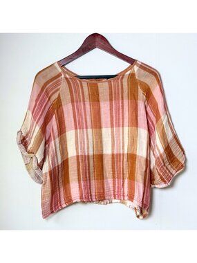Free People Boxy Gauzy Plaid Cotton Top Medium Button Up Back Picnic Boho Chic